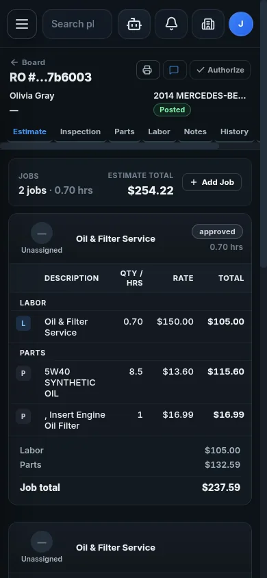 Mobile repair-order detail with masthead, tabs, and jobs panel.