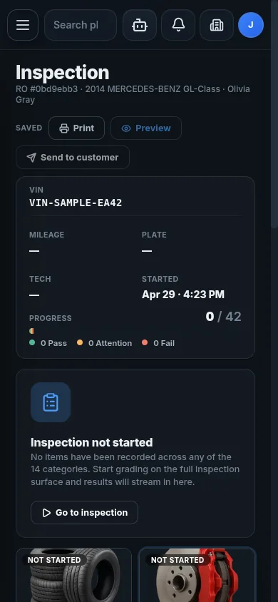 Mobile inspection with VIN, mileage, plate, tech, progress, and category cards.