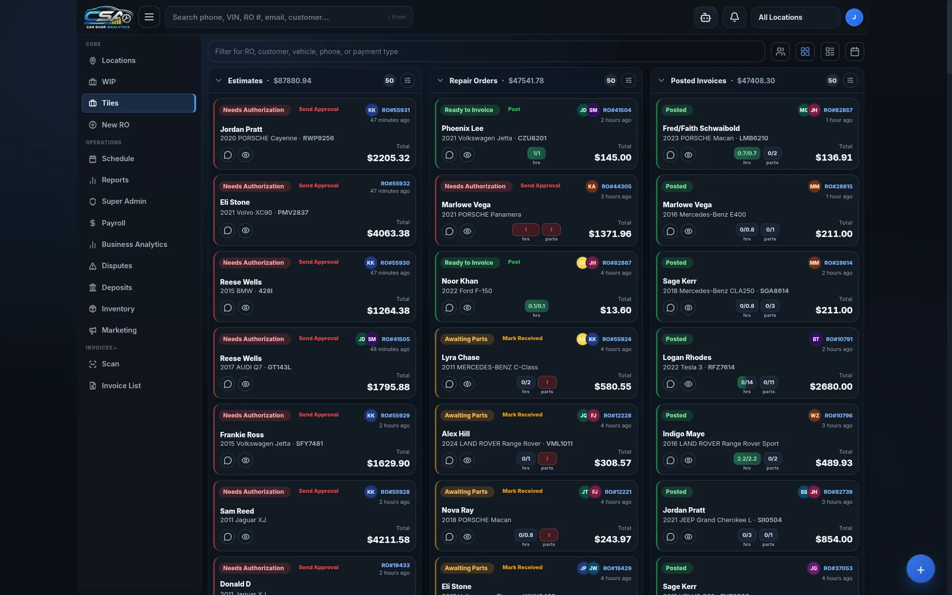 Workflow board: Estimates, Repair Orders, and Posted Invoices in three live columns.