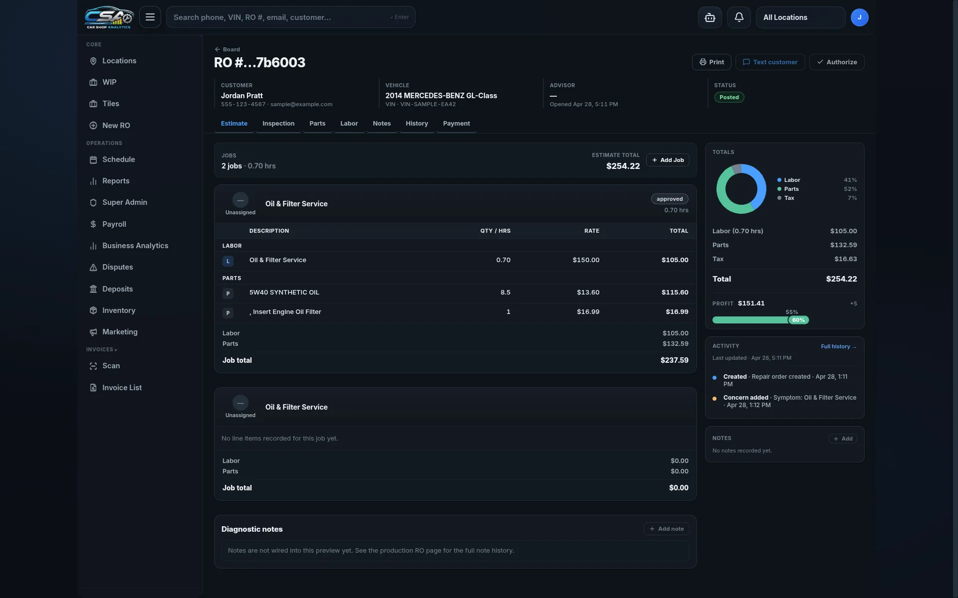 Repair-order detail: customer, vehicle, advisor, status, jobs panel with labor + parts breakdown, totals, and activity feed.