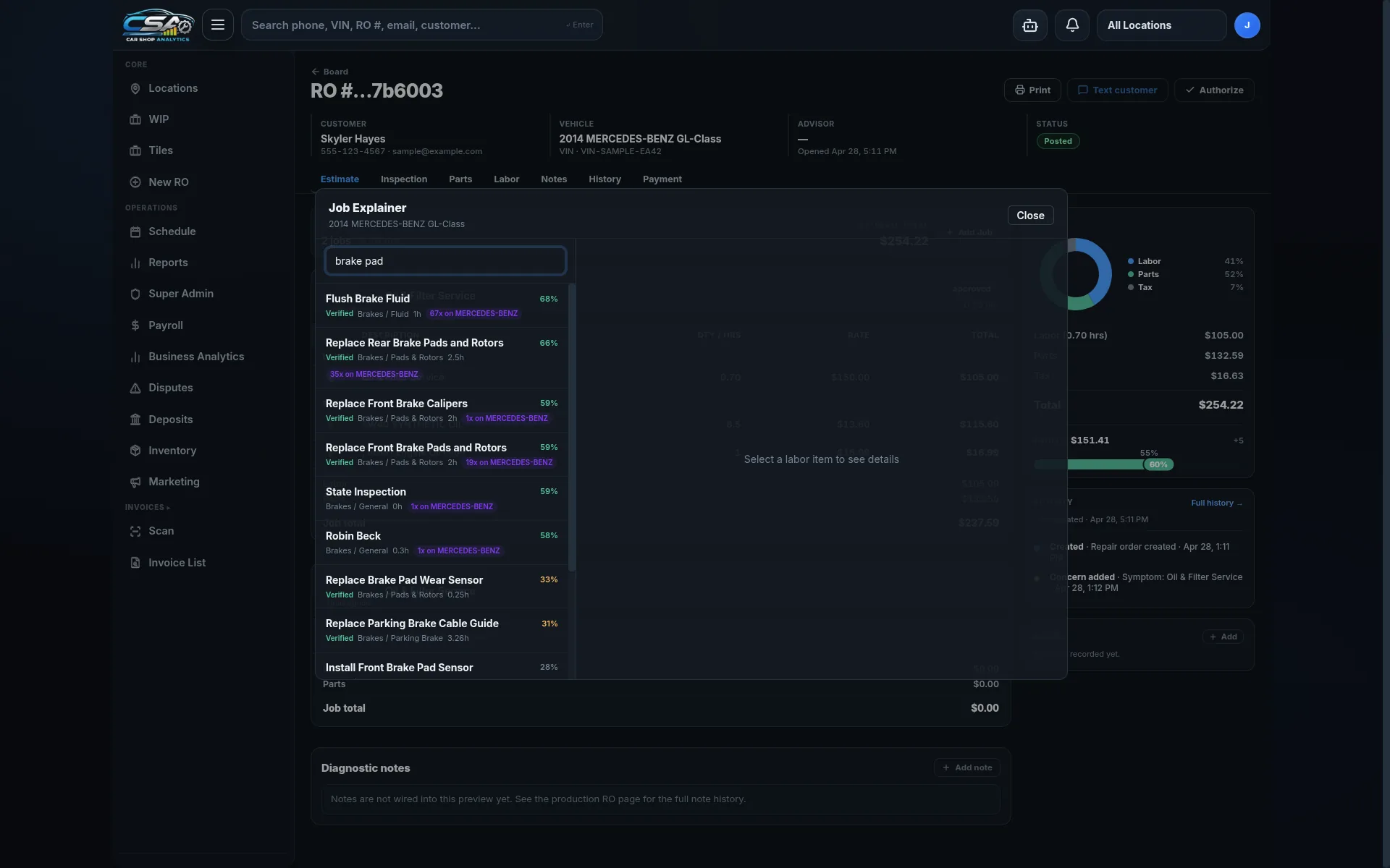 Job Explainer: search the labor catalog and see fit confidence, factory time, average rate, times-used count, and 'often done with' co-occurrence percentages.
